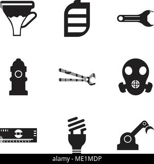 Set Of 9 simple editable icons such as jenny, lightbulb, scale, respirator, nippers, Fire Hydrant, adjustable wrench, battery, funnel, can be used for Stock Vector