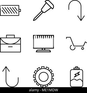 Set Of 9 simple editable icons such as Battery charging, Gear, Cancel button, Shopping cart, Television, Office briefcase, Arrow pointing to down, Pus Stock Vector