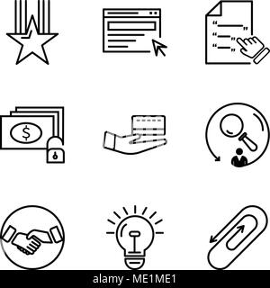 Set Of 9 simple editable icons such as clip, bulb, hand shaking, searching, card, money and key, Contract, search, star, can be used for mobile, web U Stock Vector