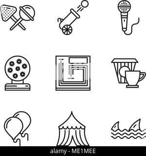 Set Of 9 simple editable icons such as Sharks, Tent, Balloons, Coffee, Board game, Magic ball, Microphone, Cannon, Candy, can be used for mobile, web  Stock Vector