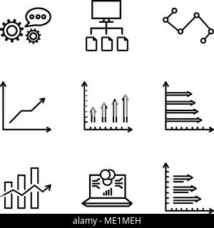 Set Of 9 simple editable icons such as Analytics, Laptop data analytics on screen with circles, Decreasing stocks bars, Analytic, Mobile phone text da Stock Vector