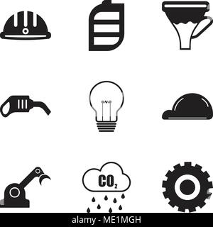 Set Of 9 simple editable icons such as Setting, Co2, jenny, helmet, bulb, pump, funnel, battery, hard hat, can be used for mobile, web UI Stock Vector