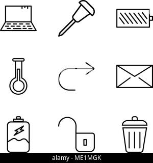 Set Of 9 simple editable icons such as Dustbin, Unlocked padlock, Battery charging, Closed envelope, Arrow pointing to right, Erlenmeyer Flask, Batter Stock Vector
