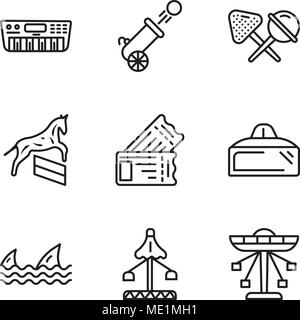 Set Of 9 simple editable icons such as Carousel, Fair, Sharks, Vr glasses, Tickets, Horse, Candy, Cannon, Synthesizer, can be used for mobile, web UI Stock Vector