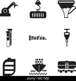 Set Of 9 simple editable icons such as train, ship, battery, puncher, knife, capsule, funnel, crane with load, jenny, can be used for mobile, web UI Stock Vector