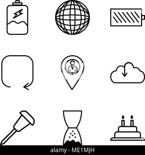 Set Of 9 simple editable icons such as Cake with candles, Hand pointing to left, Pushpin, Download from the cloud, Location pointer, Update arrow, Bat Stock Vector