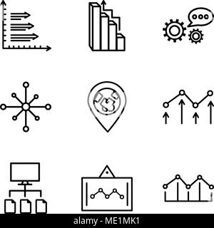 Set Of 9 simple editable icons such as Increasing bars, Data analytics screen, Data flow, Decreasing chart, 3d pie chart graphic, Data analytics wheel Stock Vector