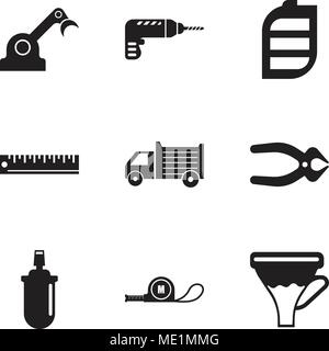 Set Of 9 simple editable icons such as funnel, meter, gas can, nipper, lorry, ruler, battery, drill, jenny, can be used for mobile, web UI Stock Vector