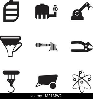 Set Of 9 simple editable icons such as Chemical, dray, crane, adjustable spanner, hatchet, funnel, jenny, water tank, battery, can be used for mobile, Stock Vector