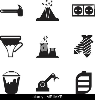 Set Of 9 simple editable icons such as battery, jenny, colour bucket, tie, fabric steam, funnel, socket, volcano, hammer, can be used for mobile, web  Stock Vector