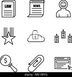 Set Of 9 simple editable icons such as search, clip, lens, folder, Key data, star, astronaut, newspaper, law book, can be used for mobile, web UI Stock Vector