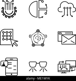 Set Of 9 simple editable icons such as Network, Ar glasses, Chat in Smartphone, Mail, Radar, Click, Cloud computing, Cube, Settings, can be used for m Stock Vector