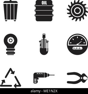 Set Of 9 simple editable icons such as nipper, drill, triangle, speedometer, gas can, setting lamp, saw blade, oil, trash, can be used for mobile, web Stock Vector