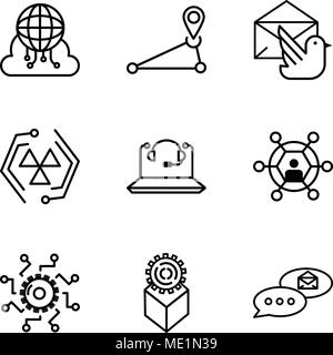 Set Of 9 simple editable icons such as email chat, Development, Settings, User, Call Center, Cells, Mail bird, Pin, Cloud computing, can be used for m Stock Vector