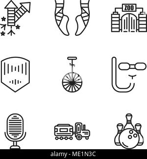 Set Of 9 simple editable icons such as Bowling, Kid, Microphone, Diving mask, Circus, Mask, Zoo, Ballet, Fireworks, can be used for mobile, web UI Stock Vector