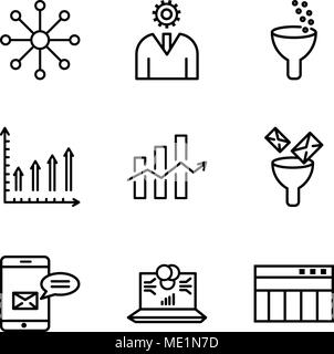 Set Of 9 simple editable icons such as Table for data, Laptop data analytics on screen with circles, Data analytics bars, Mail Funneling, Decreasing s Stock Vector