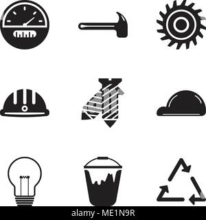 Set Of 9 simple editable icons such as triangle, colour bucket, bulb, helmet, tie, hard hat, saw blade, hammer, speedometer, can be used for mobile, w Stock Vector