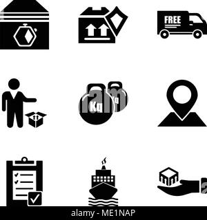Set Of 9 simple editable icons such as Package delivery in hand, Boat from front view, Verification of delivery list clipboard, Placeholder on map pap Stock Vector