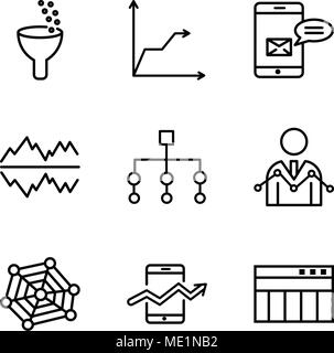 Set Of 9 simple editable icons such as Table for data, Web stocks data, radar chart with pentagon, Data Analyser, Flow chart interface, Text settings  Stock Vector