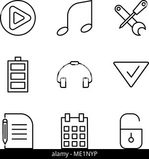 Set Of 9 simple editable icons such as Locked padlock, Calendar with day 5, Piece of paper and pencil, Check mark, Telephone handle, Battery level, Sc Stock Vector