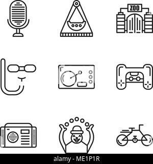 Set Of 9 simple editable icons such as Bike, Monkey, Radio, Playstation, Coffee, Diving mask, Zoo, Carousel, Microphone, can be used for mobile, web U Stock Vector