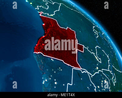 Satellite view of Angola highlighted in red on planet Earth at night with borderlines and city lights. 3D illustration. Elements of this image furnish Stock Photo