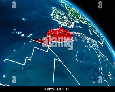 Satellite view of Morocco highlighted in red on planet Earth at night with borderlines and city lights. 3D illustration. Elements of this image furnis Stock Photo