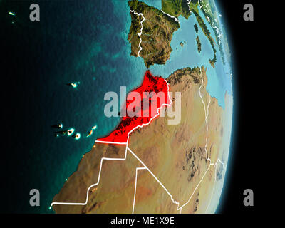 Satellite morning view of Morocco highlighted in red on planet Earth with visible border lines and city lights. 3D illustration. Elements of this imag Stock Photo