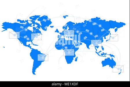 illustration of white envelope on blue world map p show world network Stock Photo