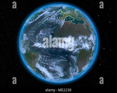 Sierra Leone at night highlighted in red on planet Earth with clouds ...