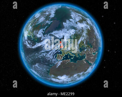 United Kingdom at night highlighted in red on planet Earth. 3D ...