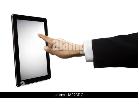 hand of business man touching on tablet screen isolated on white use multipurpose Stock Photo