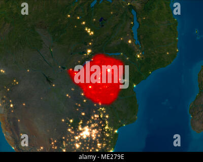 Satellite night view of Zimbabwe highlighted in red on planet Earth. 3D illustration. Elements of this image furnished by NASA. Stock Photo