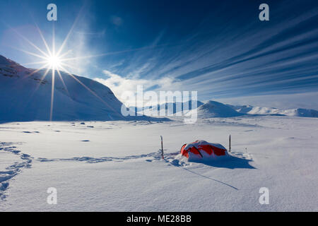 Tent with sun in the snow, Kungsleden or king's trail, Province of Lapland, Sweden, Scandinavia