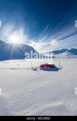 Tent with sun in the snow, Kungsleden or king's trail, Province of Lapland, Sweden, Scandinavia