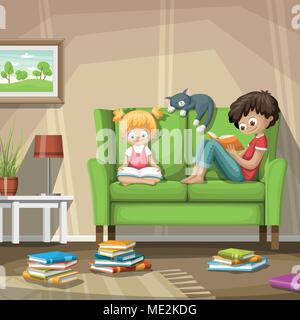 Two children are sitting on a couch and reading in a book. Stock Vector