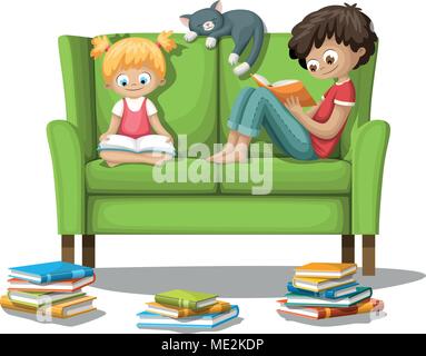 Two children are sitting on a couch and reading in a book.  Stock Vector