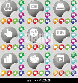 Avatar, Battery, Hard drive, Hand, Radiation, Buy, Diagram, Rent, Media player sign icon. A set of seventy two colorful round buttons, stickers. Vecto Stock Vector