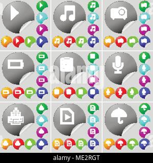 Media play, Note, Projector, Battery, Database, Microphone, Building, Media file, Umbrella sign icon. A set of seventy two colorful round buttons, sti Stock Vector