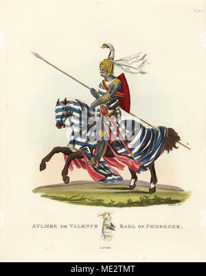 Aylmer de Valence, Second Earl of Pembroke (1275-1324). Mounted knight in plate armour with armorial surcoat, chapelle de fer and greaves, lance, shield and sword. Helmet with swan-head crest and cointisse scarf. Horse in striped caparison. Handcoloured lithograph by Maddocks after an illustration by S.R. Meyrick from Sir Samuel Rush Meyrick's A Critical Inquiry into Antient Armour, John Dowding, London, 1842. Stock Photo