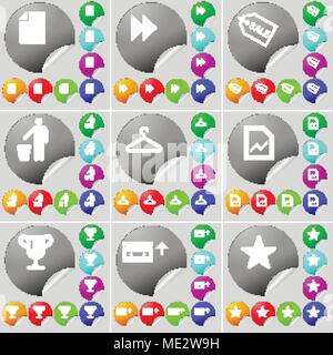 File, Rewind, Sale, Silhouette, Hanger, Graph file, Cup, Cassette, Star sign icon. A set of seventy two colorful round buttons, stickers. Vector illus Stock Vector