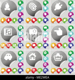 Campfire, Clip, Socket, Music file, Projector, Hand, Car, House, Basket sign icon. A set of seventy two colorful round buttons, stickers. Vector illus Stock Vector