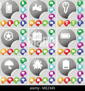 Mobile phone, Notes, Key, Star, Calendar, Battery, Umbrella, Bug sign icon. A set of seventy two colorful round buttons, stickers. Vector illustration Stock Vector