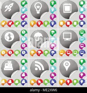 Rocket, Light bulb, Notebook, Earth, Umbrella, Monitor, Cash register, RSS, Checkpoint sign icon. A set of seventy two colorful round buttons, sticker Stock Vector
