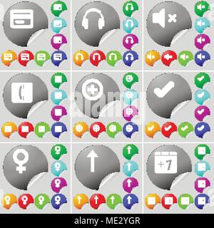 Credit card, Headphones, Mute, Receiver, Plus, Tick, Venus symbol, Arrow up, Plus one sign icon. A set of seventy two colorful round buttons, stickers Stock Vector