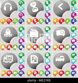 Headphones, Hourglass, Arrow left, Ship, Keyboard, Projector, Truck, Music file, Transport sign icon. A set of seventy two colorful round buttons, sti Stock Vector