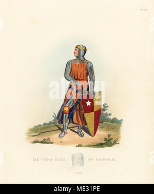 De Vere, Earl of Oxford, 1280. Knight in chainmail hauberk and tunic, with knee poleyns, sword, lance and shield with coat of arms. From a monument in Hatfield Broadoak church. Handcoloured lithograph after an illustration by S.R. Meyrick from Sir Samuel Rush Meyrick's A Critical Inquiry into Antient Armour, John Dowding, London, 1842. Stock Photo