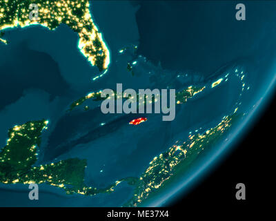 Night view of Jamaica highlighted in red on planet Earth with atmosphere. 3D illustration. Elements of this image furnished by NASA. Stock Photo