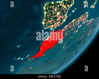 Night view of Morocco highlighted in red on planet Earth with atmosphere. 3D illustration. Elements of this image furnished by NASA. Stock Photo