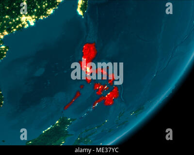 Night view of Philippines highlighted in red on planet Earth with ...